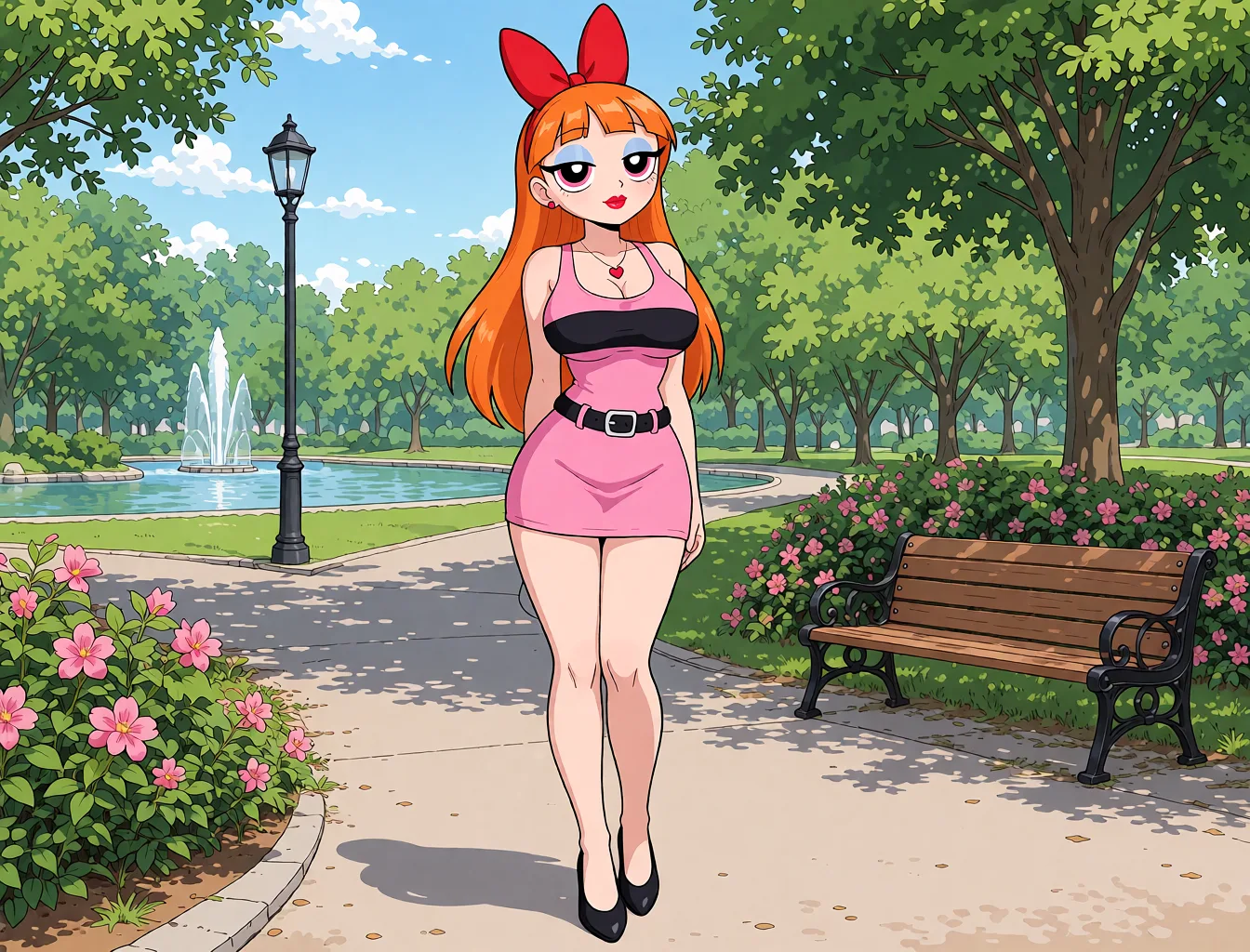 Redraw the entire picture as a hand-drawn anime illustration in flat cel-shaded anime style. It stays the same person with the same face, the same expression, the same hair and the same skin tone, and every other detail of the photograph is kept exactly as it is: nothing is added, removed, moved, uncovered or recoloured. Only the medium changes, and no part of the picture is left photographic. Above all, the picture must show: Her transformtion into a Bimbo continues. Her physical beauty and curves increase by 50%. Her breasts increase by 50%, her waist cinches, her hips Widen by 50%, her ass increases by 50%, her legs become sexier by 50%. She gains eye shadow around her piink eyes with eyeliner and red lipstick. Her shoes transform into sexy high heels. Full view of her body from head to toe.