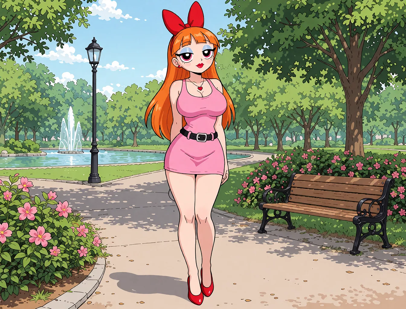 Redraw the entire picture as a hand-drawn anime illustration in flat cel-shaded anime style. It stays the same person with the same face, the same expression, the same hair and the same skin tone, and every other detail of the photograph is kept exactly as it is: nothing is added, removed, moved, uncovered or recoloured. Only the medium changes, and no part of the picture is left photographic. Above all, the picture must show: She continues to transform into a Bimbo. Her pyhysical Beauty increases x100%, Her breasts increase x100%, her waist cinches x100%, her hips widen x100%, her ass increases x100% and her legs become sexier x100%. Her shoes become Red High Heels and her dress stretches.
