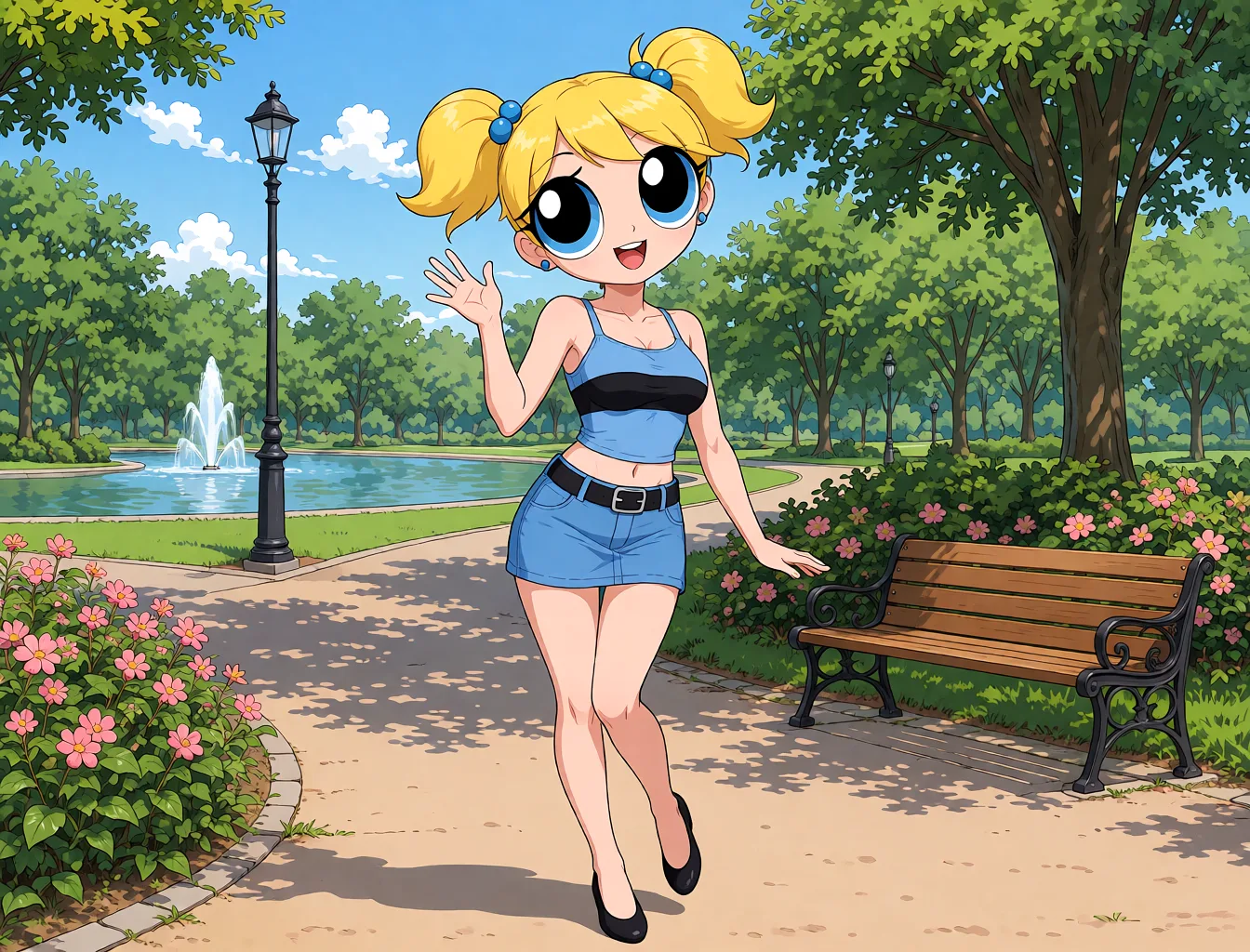 Redraw the entire picture as a hand-drawn anime illustration in flat cel-shaded anime style. It stays the same person with the same face, the same expression, the same hair and the same skin tone, and every other detail of the photograph is kept exactly as it is: nothing is added, removed, moved, uncovered or recoloured. Only the medium changes, and no part of the picture is left photographic. Above all, the picture must show: She has begun to trasnform into a Bimbo. Her breasts breasts become slighly bigger, her hips wider, but bigger and legs longer.