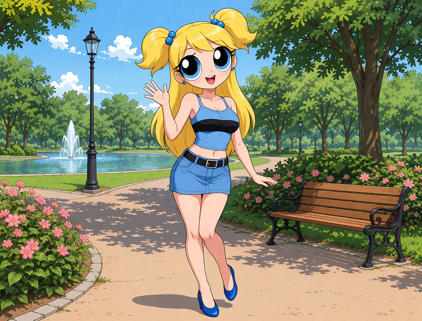 Redraw the entire picture as a hand-drawn anime illustration in flat cel-shaded anime style. It stays the same person with the same face, the same expression, the same hair and the same skin tone, and every other detail of the photograph is kept exactly as it is: nothing is added, removed, moved, uncovered or recoloured. Only the medium changes, and no part of the picture is left photographic. Above all, the picture must show: She has begun to transform into a Bimbo. Her face becomes sexy. Her breasts grow bigger. Her hips widen. Her ass grows bigger. Her legs become sexy. Her shoes transform into blue High Heels. Her hair grows longer.