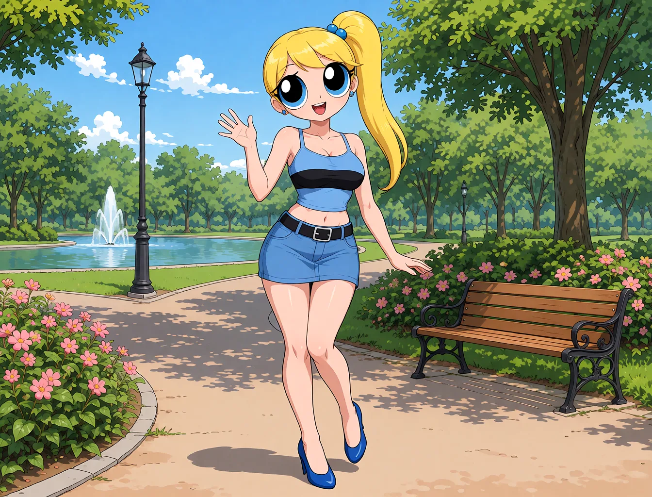 Redraw the entire picture as a hand-drawn anime illustration in flat cel-shaded anime style. It stays the same person with the same face, the same expression, the same hair and the same skin tone, and every other detail of the photograph is kept exactly as it is: nothing is added, removed, moved, uncovered or recoloured. Only the medium changes, and no part of the picture is left photographic. Above all, the picture must show: She begins to transform into a Bimbo. Her pyhysical Beauty increases cumulatively x25%, Her breasts increase cumulatively x25%, her waist cinches cumulatively x25%, her hips widen cumulatively x25%, her ass increases cumulatively x25% and her legs become cumulatively sexier x25%. Her shoes transform into Blue High Heels. Her pigtails grow longer..