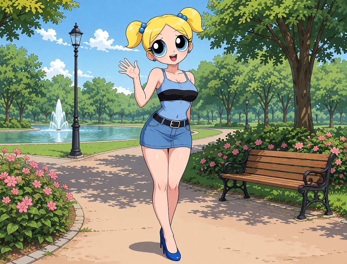 Redraw the entire picture as a hand-drawn anime illustration in flat cel-shaded anime style. It stays the same person with the same face, the same expression, the same hair and the same skin tone, and every other detail of the photograph is kept exactly as it is: nothing is added, removed, moved, uncovered or recoloured. Only the medium changes, and no part of the picture is left photographic. Above all, the picture must show: She continues to transform into a Bimbo. Her face becomes more Bimbofied and beautiful. Her pyhysical Beauty increases cumulatively x50%, Her breasts increase cumulatively x50%, her waist cinches cumulatively x50%, her hips widen cumulatively x50%, her ass increases cumulatively x50% and her legs become cumulatively sexier x50%. Her shoes transform into Blue High Heels, her pig tails grow longer (on each side of her head).