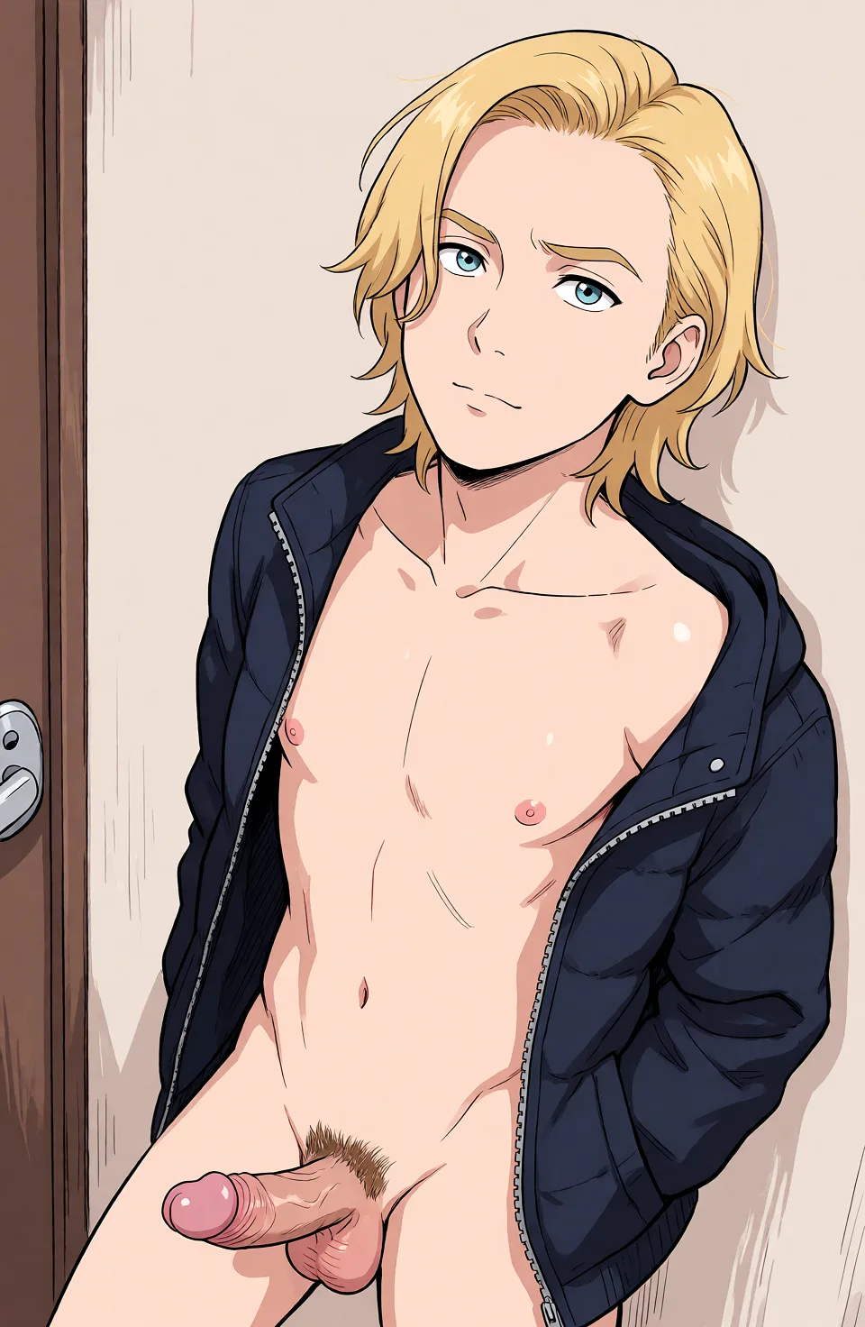 Redraw the entire picture as a hand-drawn anime illustration in flat cel-shaded anime style. It stays the same person with the same face, the same expression, the same hair and the same skin tone, and every other detail of the photograph is kept exactly as it is: nothing is added, removed, moved, uncovered or recoloured. Only the medium changes, and no part of the picture is left photographic. Above all, the picture must show: full_body nude sex gay.