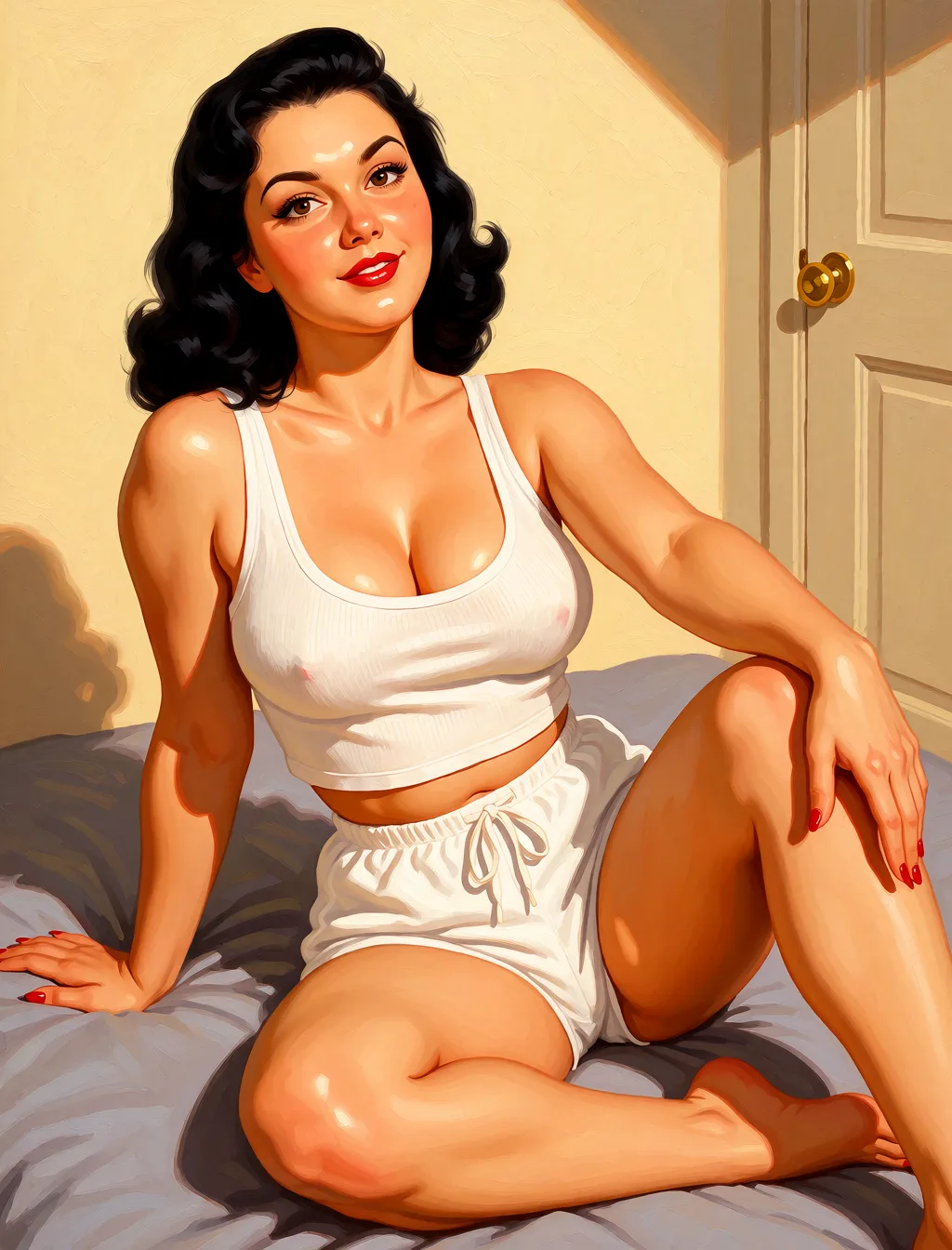 Redraw the entire picture as a retro pin-up illustration: smooth airbrushed gouache paint, warm saturated mid-century colour, clean confident outlines and glamorous stylised features, in the look of a 1950s pin-up poster. The background is painted in the same style. Nothing in the frame keeps its photographic appearance. Above all, the picture must show: slapped around erotically.