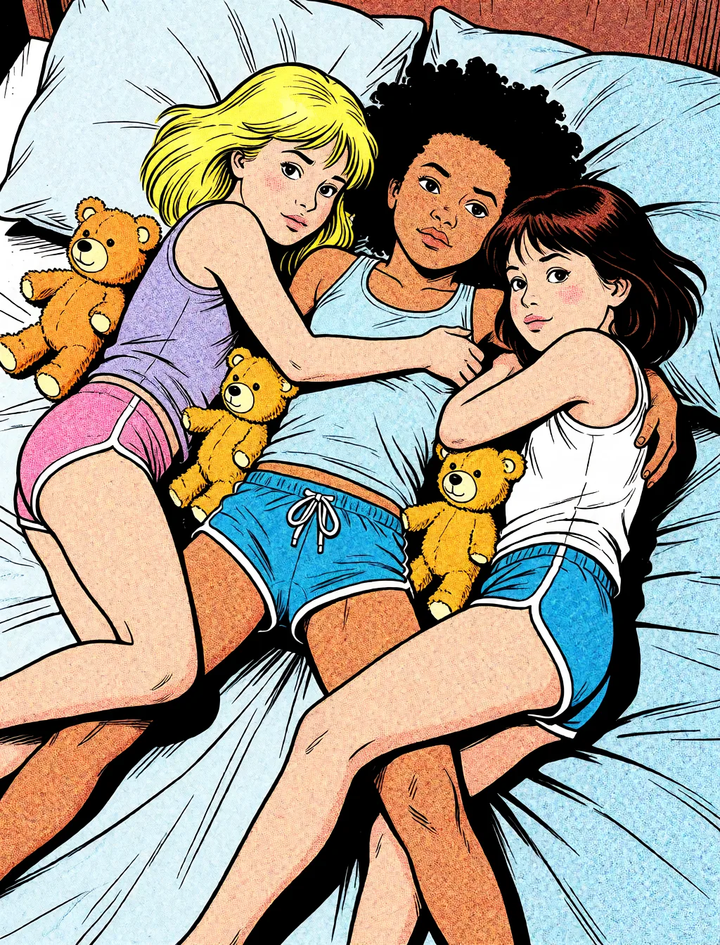 Redraw the entire picture as western comic-book art: heavy black inked outlines, hard-edged cel shading, limited high-contrast colour and visible halftone dot texture. The background is drawn in the same style. Nothing in the frame keeps its photographic appearance. Above all, the picture must show: nude.