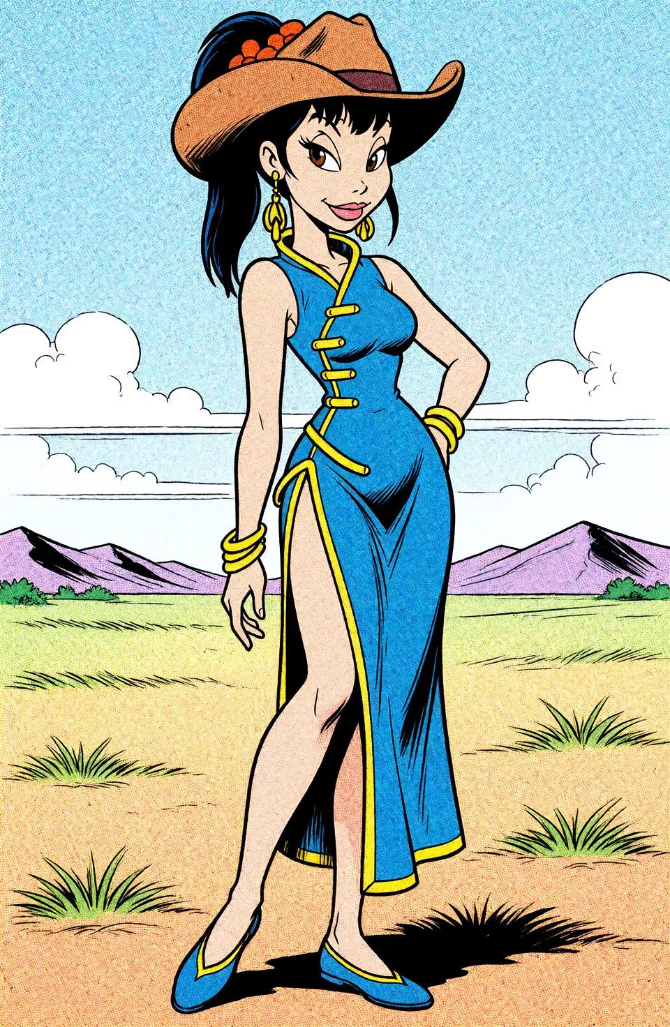 Redraw the entire picture as western comic-book art: heavy black inked outlines, hard-edged cel shading, limited high-contrast colour and visible halftone dot texture. The background is drawn in the same style. Nothing in the frame keeps its photographic appearance. Above all, the picture must show: cowgirl_position.