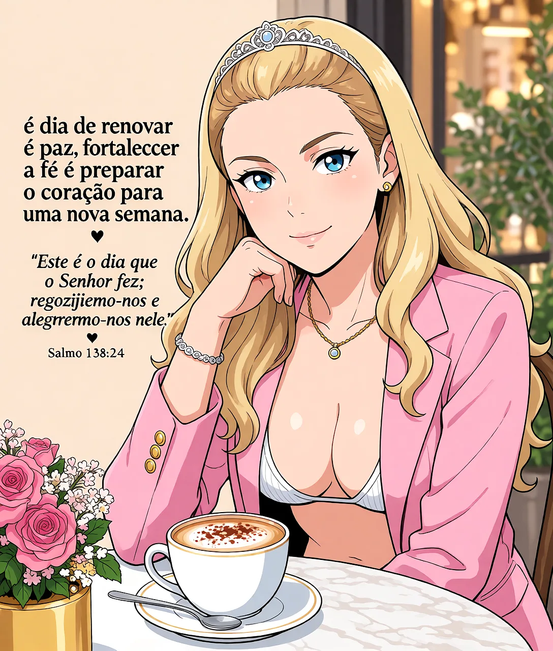 Redraw the entire picture as a hand-drawn anime illustration in flat cel-shaded anime style. It stays the same person with the same face, the same expression, the same hair and the same skin tone, and every other detail of the photograph is kept exactly as it is: nothing is added, removed, moved, uncovered or recoloured. Only the medium changes, and no part of the picture is left photographic. Above all, the picture must show: em bikini_top_only.