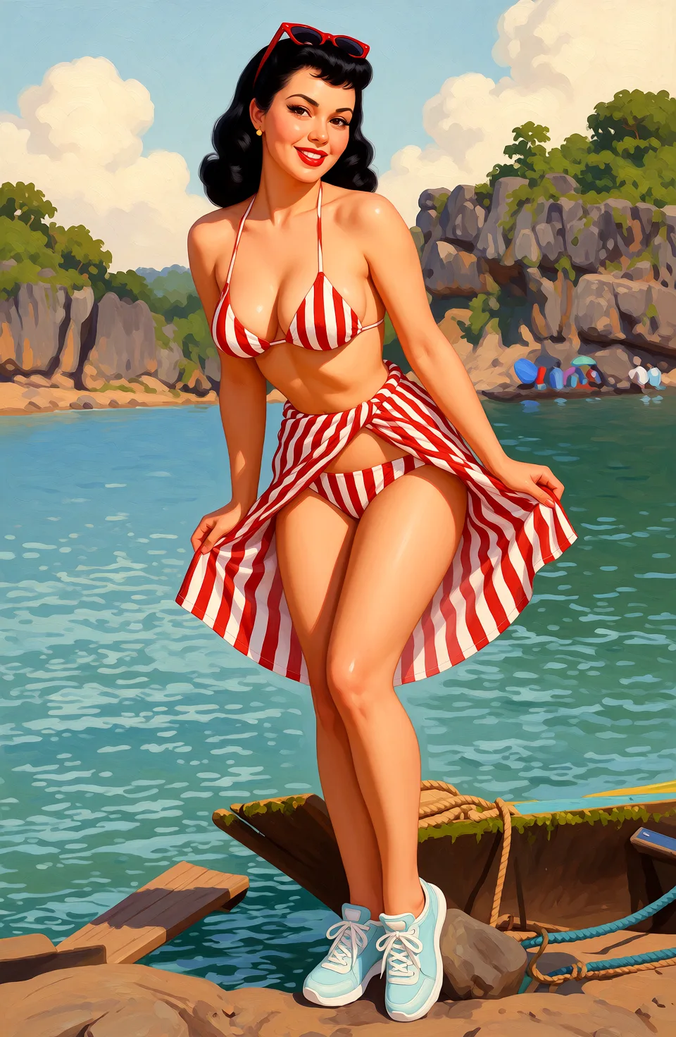 Redraw the entire picture as a retro pin-up illustration: smooth airbrushed gouache paint, warm saturated mid-century colour, clean confident outlines and glamorous stylised features, in the look of a 1950s pin-up poster. The background is painted in the same style. Nothing in the frame keeps its photographic appearance. Above all, the picture must show: Undresses with teasing movements, wrapped in sensual bikini.