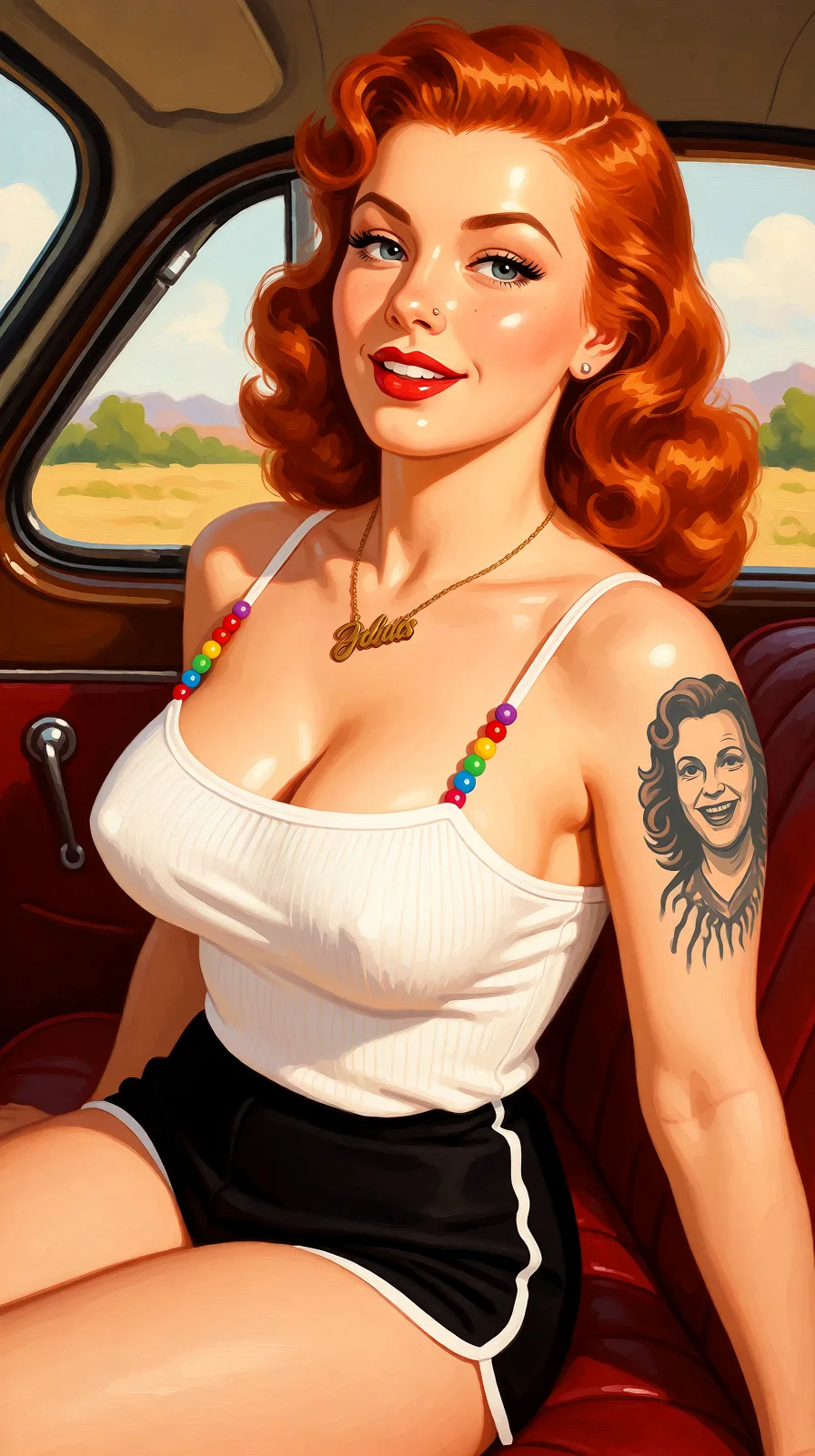 Redraw the entire picture as a retro pin-up illustration: smooth airbrushed gouache paint, warm saturated mid-century colour, clean confident outlines and glamorous stylised features, in the look of a 1950s pin-up poster. The background is painted in the same style. Nothing in the frame keeps its photographic appearance. Above all, the picture must show: nude, large_breasts.