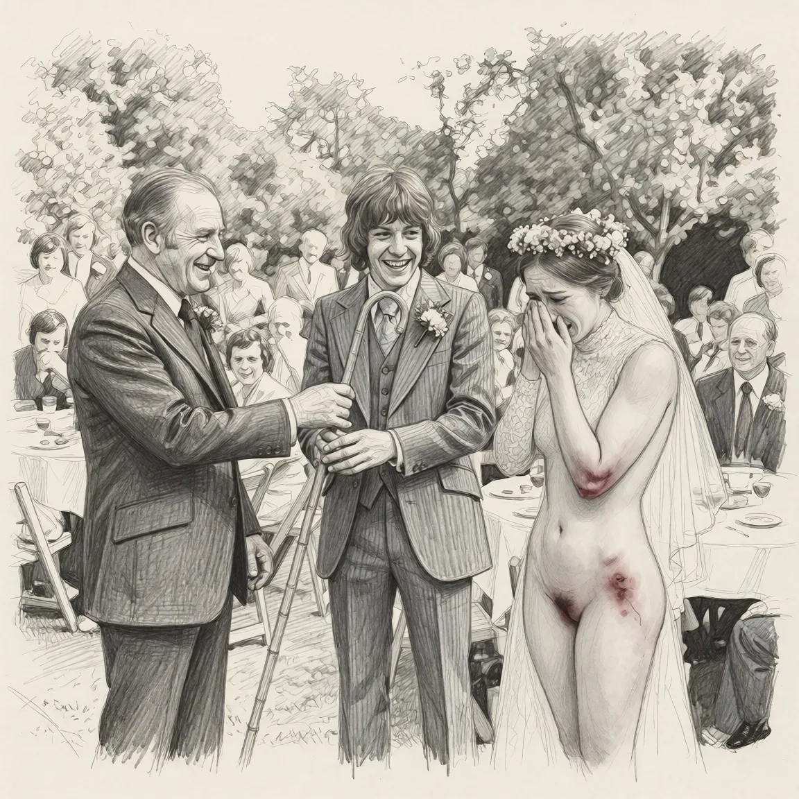 Redraw the entire picture as a hand-drawn graphite sketch on off-white paper: visible pencil strokes, cross-hatched shading, loose construction lines and no colour beyond the grey of the pencil and the tone of the paper. The background is drawn in the same style. Nothing in the frame keeps its photographic appearance. Above all, the picture must show: the pride on the right side is naked. And she is bruised from a spanking.