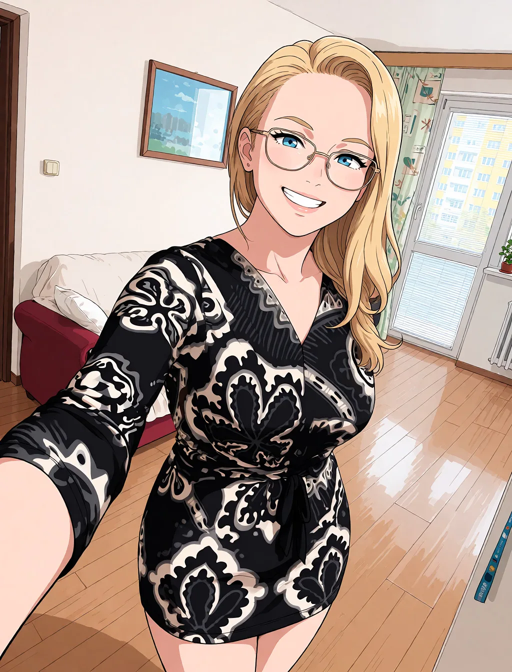 Redraw the entire picture as a hand-drawn anime illustration in flat cel-shaded anime style. It stays the same person with the same face, the same expression, the same hair and the same skin tone, and every other detail of the photograph is kept exactly as it is: nothing is added, removed, moved, uncovered or recoloured. Only the medium changes, and no part of the picture is left photographic. Above all, the picture must show: full_body, sexy dress.
