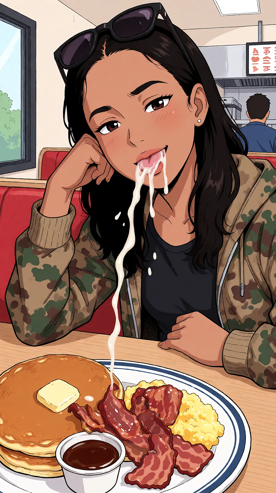 Redraw the entire picture as a hand-drawn anime illustration in flat cel-shaded anime style. It stays the same person with the same face, the same expression, the same hair and the same skin tone, and every other detail of the photograph is kept exactly as it is: nothing is added, removed, moved, uncovered or recoloured. Only the medium changes, and no part of the picture is left photographic. Above all, the picture must show: cum_in_mouth.