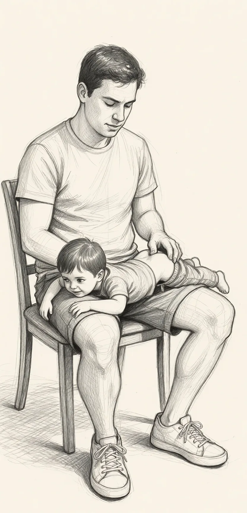 Redraw the entire picture as a hand-drawn graphite sketch on off-white paper: visible pencil strokes, cross-hatched shading, loose construction lines and no colour beyond the grey of the pencil and the tone of the paper. The background is drawn in the same style. Nothing in the frame keeps its photographic appearance. Above all, the picture must show: Tall guy is sitting on a chair, little guy is laying face down across tall guy's lap, little guy's pants are pushed down, tall guy's finger is in little guy's anus, little guys loves it.