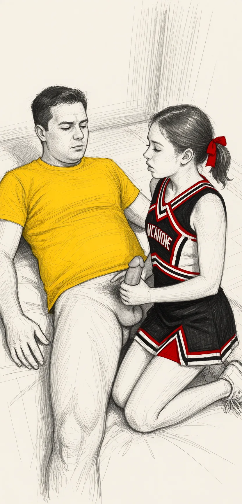 Redraw the entire picture as a hand-drawn graphite sketch on off-white paper: visible pencil strokes, cross-hatched shading, loose construction lines and no colour beyond the grey of the pencil and the tone of the paper. The background is drawn in the same style. Nothing in the frame keeps its photographic appearance. Above all, the picture must show: He is laying down, she is holding his penis, he is shooting cum, she loves it.