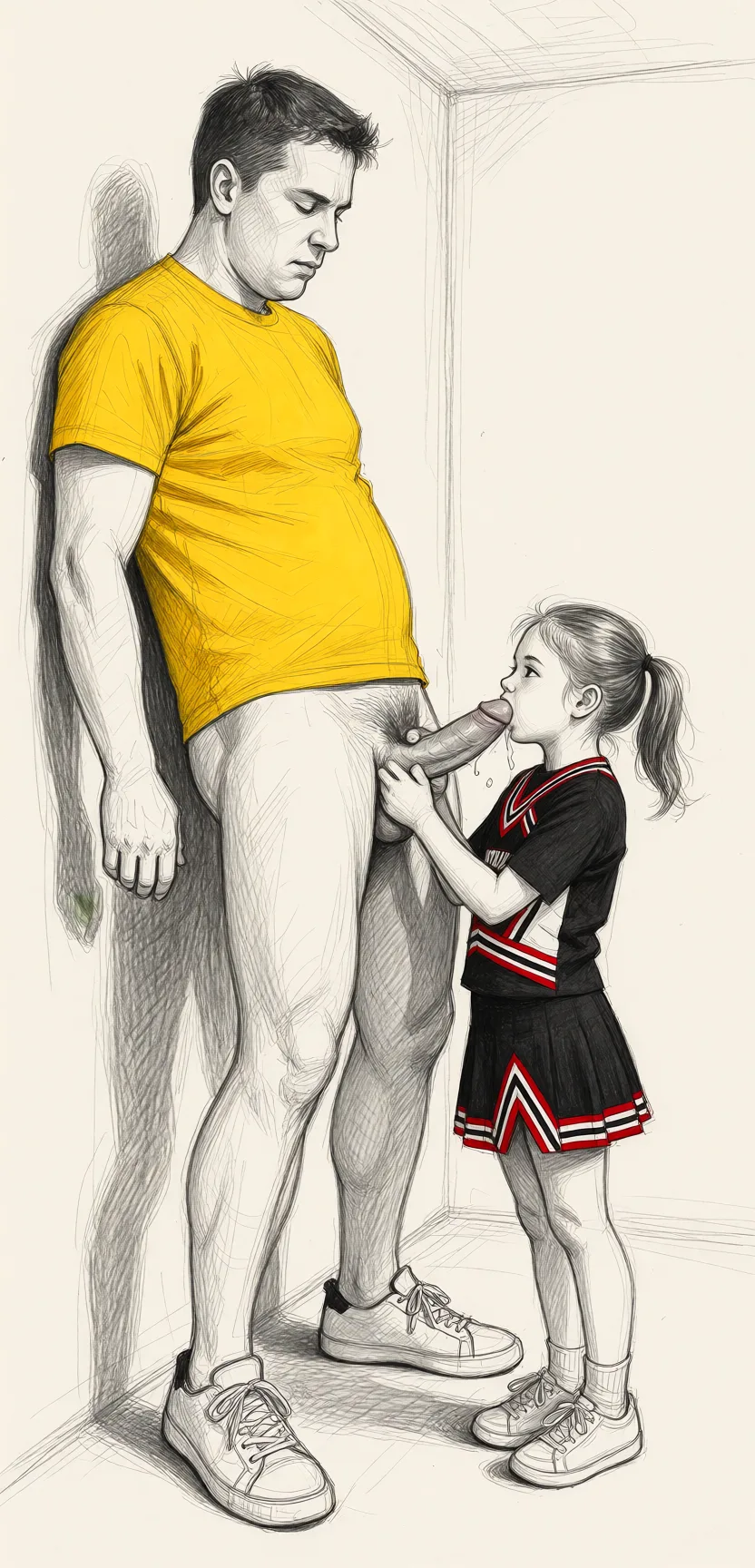 Redraw the entire picture as a hand-drawn graphite sketch on off-white paper: visible pencil strokes, cross-hatched shading, loose construction lines and no colour beyond the grey of the pencil and the tone of the paper. The background is drawn in the same style. Nothing in the frame keeps its photographic appearance. Above all, the picture must show: Tall guy is laying down, little lady is holding his penis, tall guy is shooting cum.
