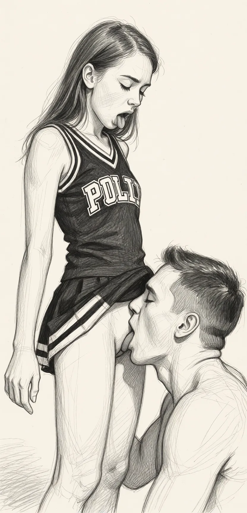 Redraw the entire picture as a hand-drawn graphite sketch on off-white paper: visible pencil strokes, cross-hatched shading, loose construction lines and no colour beyond the grey of the pencil and the tone of the paper. The background is drawn in the same style. Nothing in the frame keeps its photographic appearance. Above all, the picture must show: She is short and skinny, her skirt is pushed up, he is sucking her shaved pussy, she orgasm.