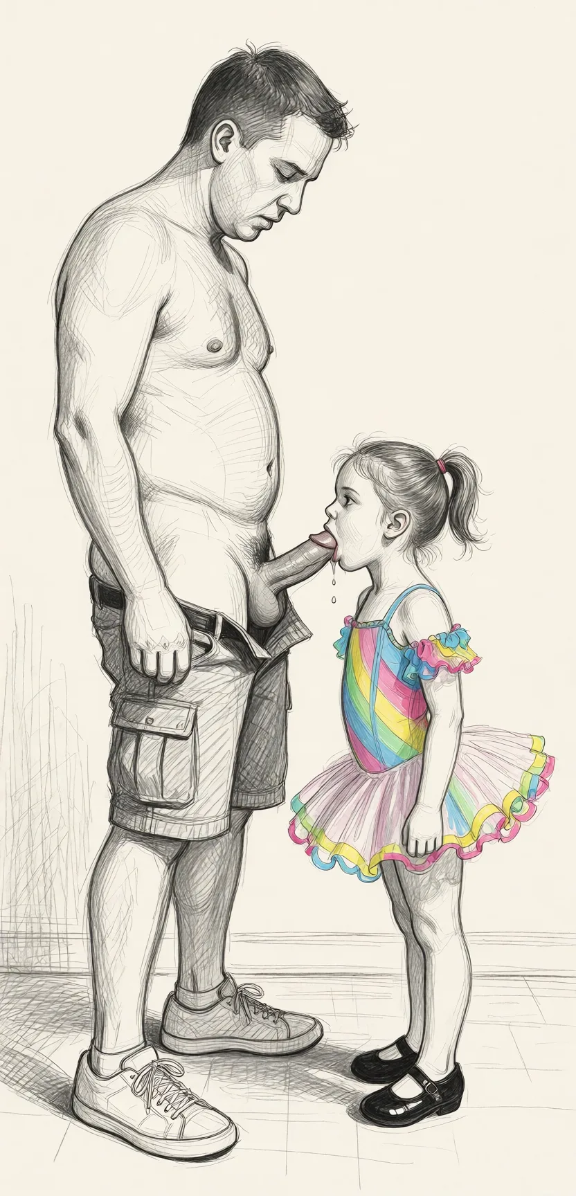 Redraw the entire picture as a hand-drawn graphite sketch on off-white paper: visible pencil strokes, cross-hatched shading, loose construction lines and no colour beyond the grey of the pencil and the tone of the paper. The background is drawn in the same style. Nothing in the frame keeps its photographic appearance. Above all, the picture must show: She is sucking his penis.