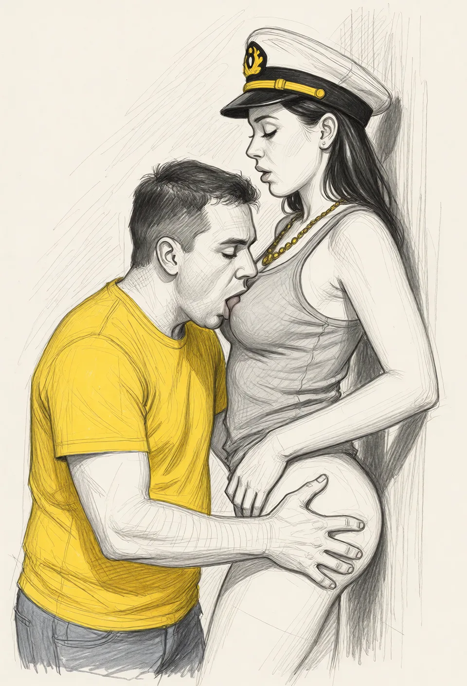 Redraw the entire picture as a hand-drawn graphite sketch on off-white paper: visible pencil strokes, cross-hatched shading, loose construction lines and no colour beyond the grey of the pencil and the tone of the paper. The background is drawn in the same style. Nothing in the frame keeps its photographic appearance. Above all, the picture must show: He's sucking on her breast, and groping her butt, she loves it.