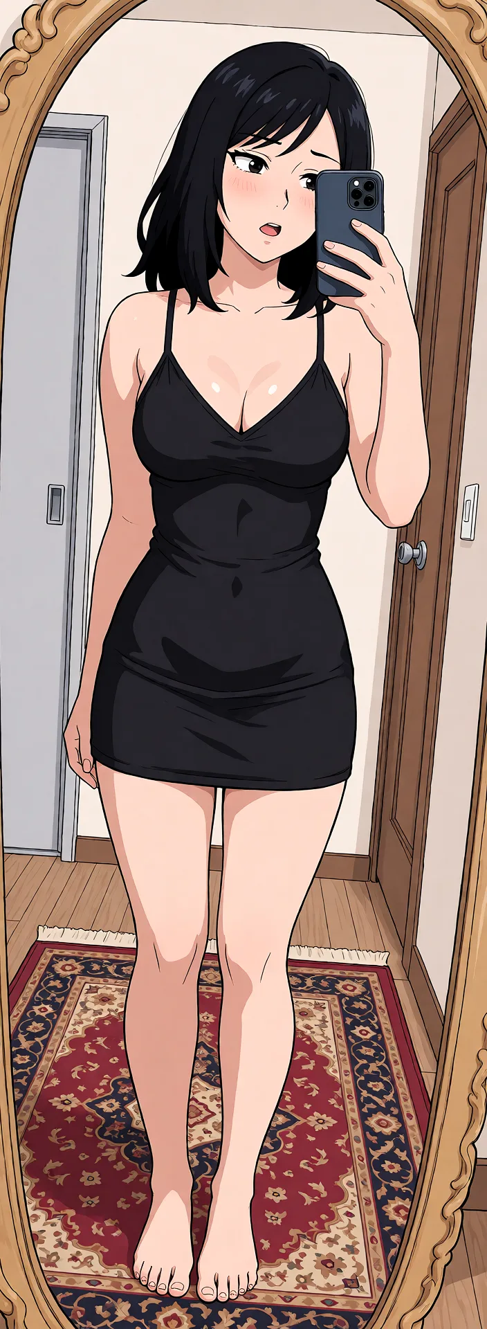 Redraw the entire picture as a hand-drawn anime illustration in flat cel-shaded anime style. It stays the same person with the same face, the same expression, the same hair and the same skin tone, and every other detail of the photograph is kept exactly as it is: nothing is added, removed, moved, uncovered or recoloured. Only the medium changes, and no part of the picture is left photographic. Above all, the picture must show: gangbang.