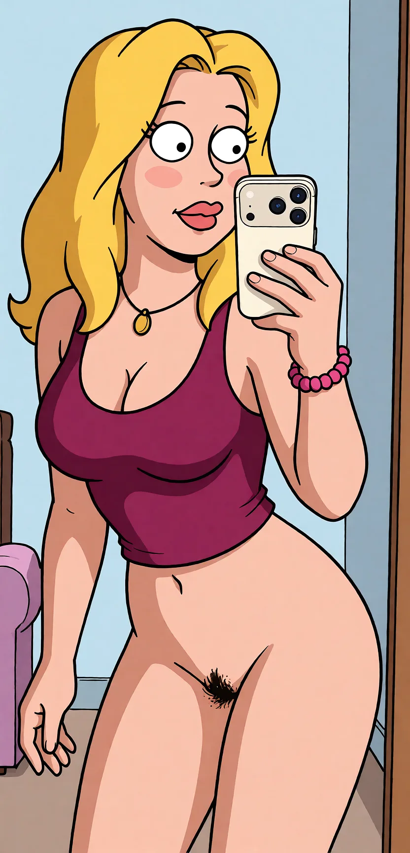 Redraw the entire picture as a western animated cartoon cel: thick even outlines, flat bright blocks of colour, simplified rounded shapes and hard-edged shadows, in the look of a television cartoon rather than of a camera. Keep the woman's adult proportions and adult figure exactly as they are; only the drawing style changes. The background is drawn in the same style. Nothing in the frame keeps its photographic appearance. Above all, the picture must show: Add her bent_over naked.