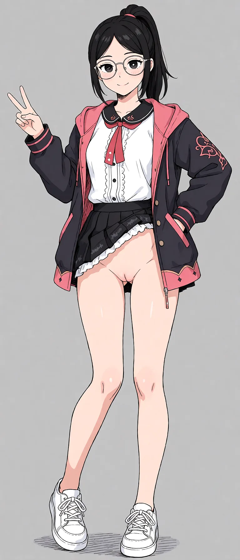 Redraw the entire picture as a hand-drawn anime illustration in flat cel-shaded anime style. It stays the same person with the same face, the same expression, the same hair and the same skin tone, and every other detail of the photograph is kept exactly as it is: nothing is added, removed, moved, uncovered or recoloured. Only the medium changes, and no part of the picture is left photographic. Above all, the picture must show: add high ponytail, skirt_lift, sexually_suggestive.