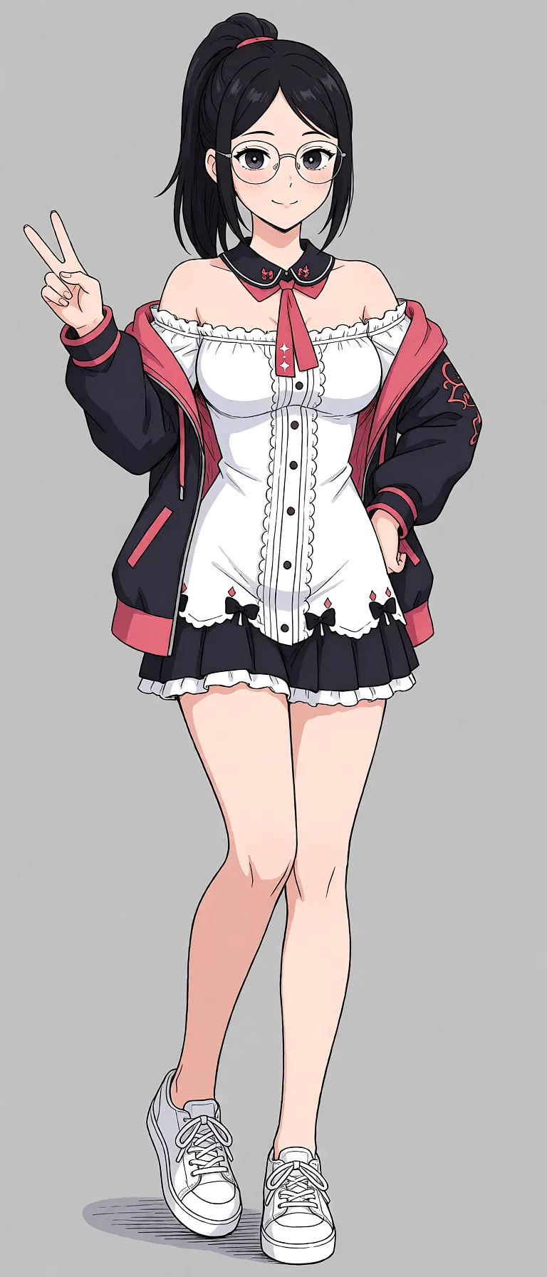Redraw the entire picture as a hand-drawn anime illustration in flat cel-shaded anime style. It stays the same person with the same face, the same expression, the same hair and the same skin tone, and every other detail of the photograph is kept exactly as it is: nothing is added, removed, moved, uncovered or recoloured. Only the medium changes, and no part of the picture is left photographic. Above all, the picture must show: add hight ponytai, sexually_suggestive, remove jacket, off-shoulder_dress.