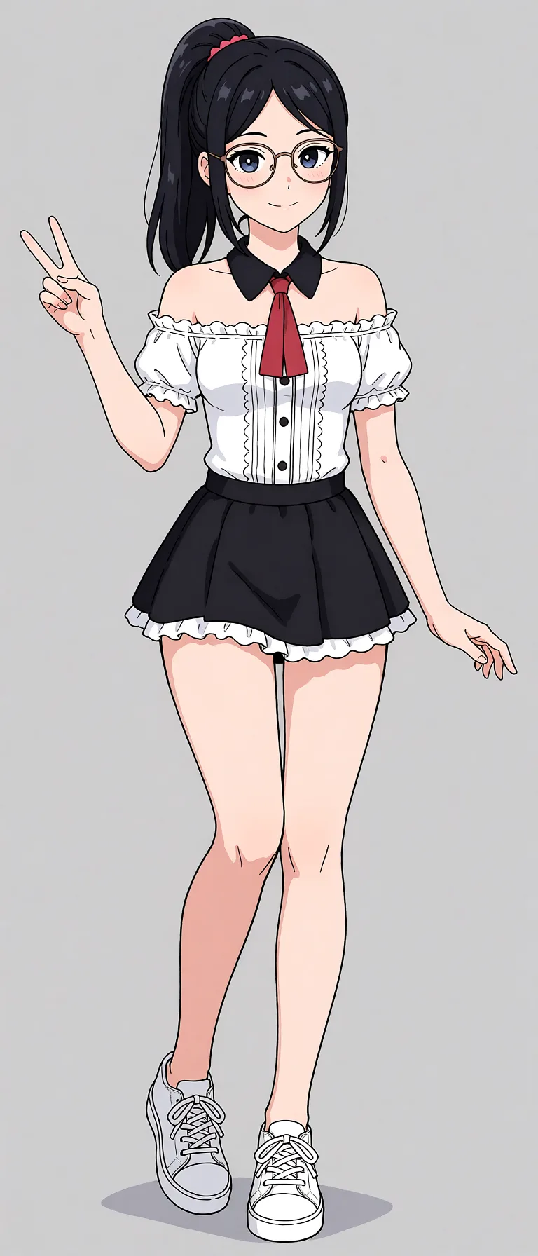 Redraw the entire picture as a hand-drawn anime illustration in flat cel-shaded anime style. It stays the same person with the same face, the same expression, the same hair and the same skin tone, and every other detail of the photograph is kept exactly as it is: nothing is added, removed, moved, uncovered or recoloured. Only the medium changes, and no part of the picture is left photographic. Above all, the picture must show: skirt_lift, more suggestive off shoulders.