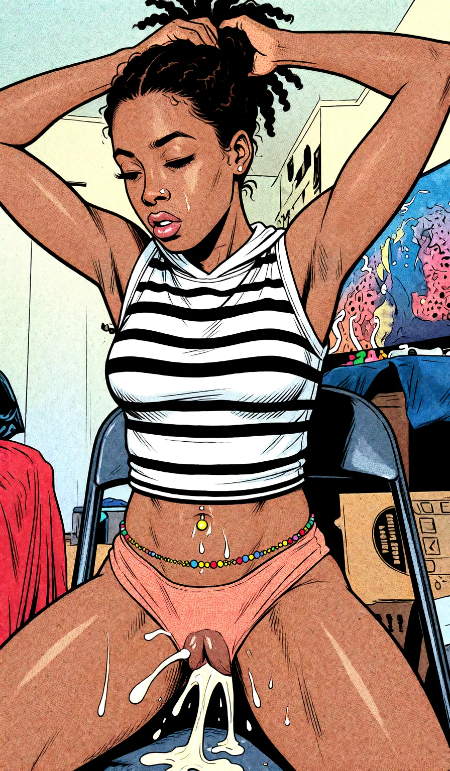 Redraw the entire picture as western comic-book art: heavy black inked outlines, hard-edged cel shading, limited high-contrast colour and visible halftone dot texture. The background is drawn in the same style. Nothing in the frame keeps its photographic appearance. Above all, the picture must show: Sitting on dick squeezing out cum.