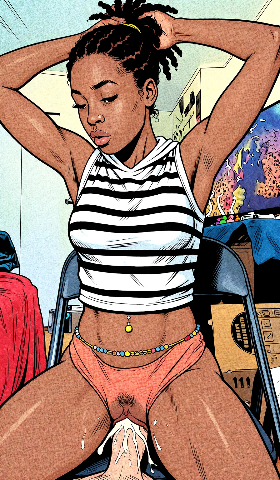 Redraw the entire picture as western comic-book art: heavy black inked outlines, hard-edged cel shading, limited high-contrast colour and visible halftone dot texture. The background is drawn in the same style. Nothing in the frame keeps its photographic appearance. Above all, the picture must show: Sitting on dick cum inside her.