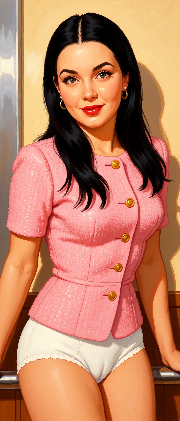 Redraw the entire picture as a retro pin-up illustration: smooth airbrushed gouache paint, warm saturated mid-century colour, clean confident outlines and glamorous stylised features, in the look of a 1950s pin-up poster. The background is painted in the same style. Nothing in the frame keeps its photographic appearance. Above all, the picture must show: underwear.