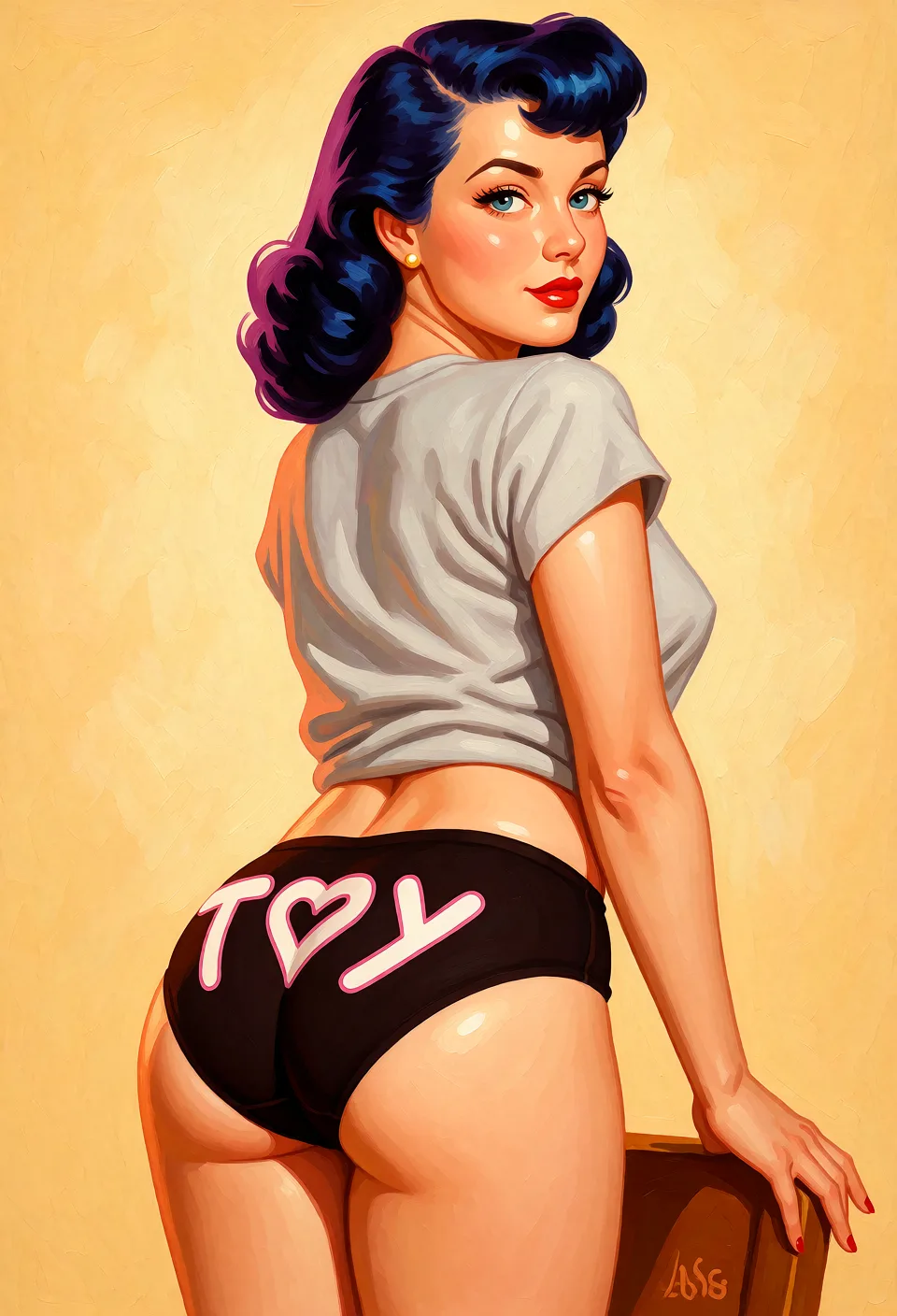 Redraw the entire picture as a retro pin-up illustration: smooth airbrushed gouache paint, warm saturated mid-century colour, clean confident outlines and glamorous stylised features, in the look of a 1950s pin-up poster. The background is painted in the same style. Nothing in the frame keeps its photographic appearance. Above all, the picture must show: no_panties.