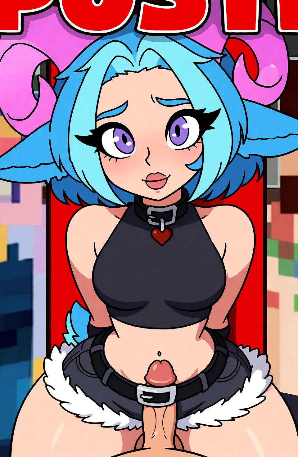 Redraw the entire picture as a western animated cartoon cel: thick even outlines, flat bright blocks of colour, simplified rounded shapes and hard-edged shadows, in the look of a television cartoon rather than of a camera. Keep the woman's adult proportions and adult figure exactly as they are; only the drawing style changes. The background is drawn in the same style. Nothing in the frame keeps its photographic appearance. Above all, the picture must show: male_penetrated fellatio.