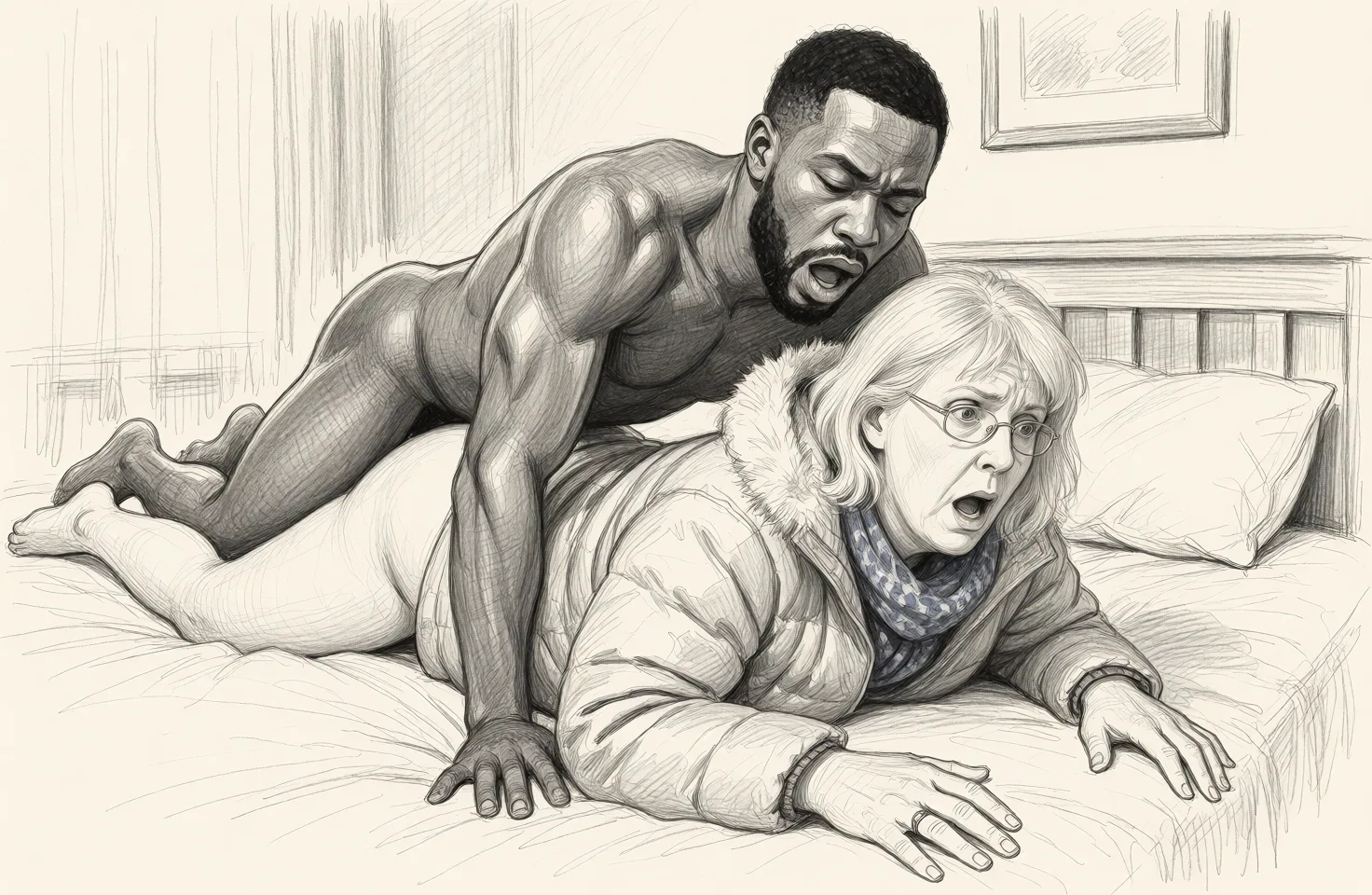 Redraw the entire picture as a hand-drawn graphite sketch on off-white paper: visible pencil strokes, cross-hatched shading, loose construction lines and no colour beyond the grey of the pencil and the tone of the paper. The background is drawn in the same style. Nothing in the frame keeps its photographic appearance. Above all, the picture must show: old slightly plump naked woam lying face down on a bed. A black man is lying on top of her having enered her from behind. she looks shocked. Both have their mouths open. Her wedding ring is clear.