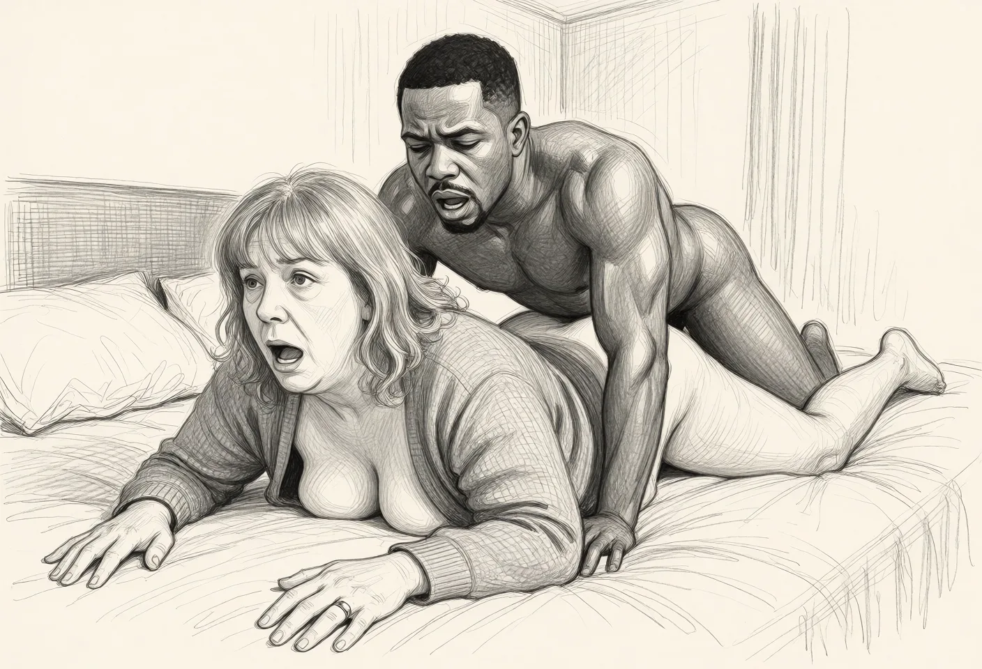 Redraw the entire picture as a hand-drawn graphite sketch on off-white paper: visible pencil strokes, cross-hatched shading, loose construction lines and no colour beyond the grey of the pencil and the tone of the paper. The background is drawn in the same style. Nothing in the frame keeps its photographic appearance. Above all, the picture must show: old overweight naked woman lying face down on a bed. A black man is lying on top of her having entered her from behind. She looks shocked. Both have their mouths open. Her wedding ring is clear.