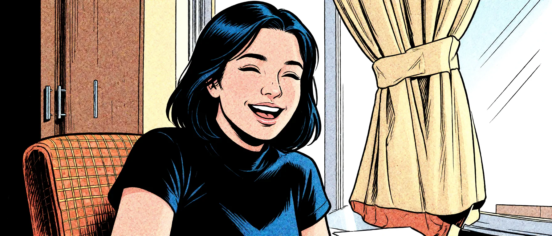 Redraw the entire picture as western comic-book art: heavy black inked outlines, hard-edged cel shading, limited high-contrast colour and visible halftone dot texture. The background is drawn in the same style. Nothing in the frame keeps its photographic appearance. Above all, the picture must show: happy_sex.