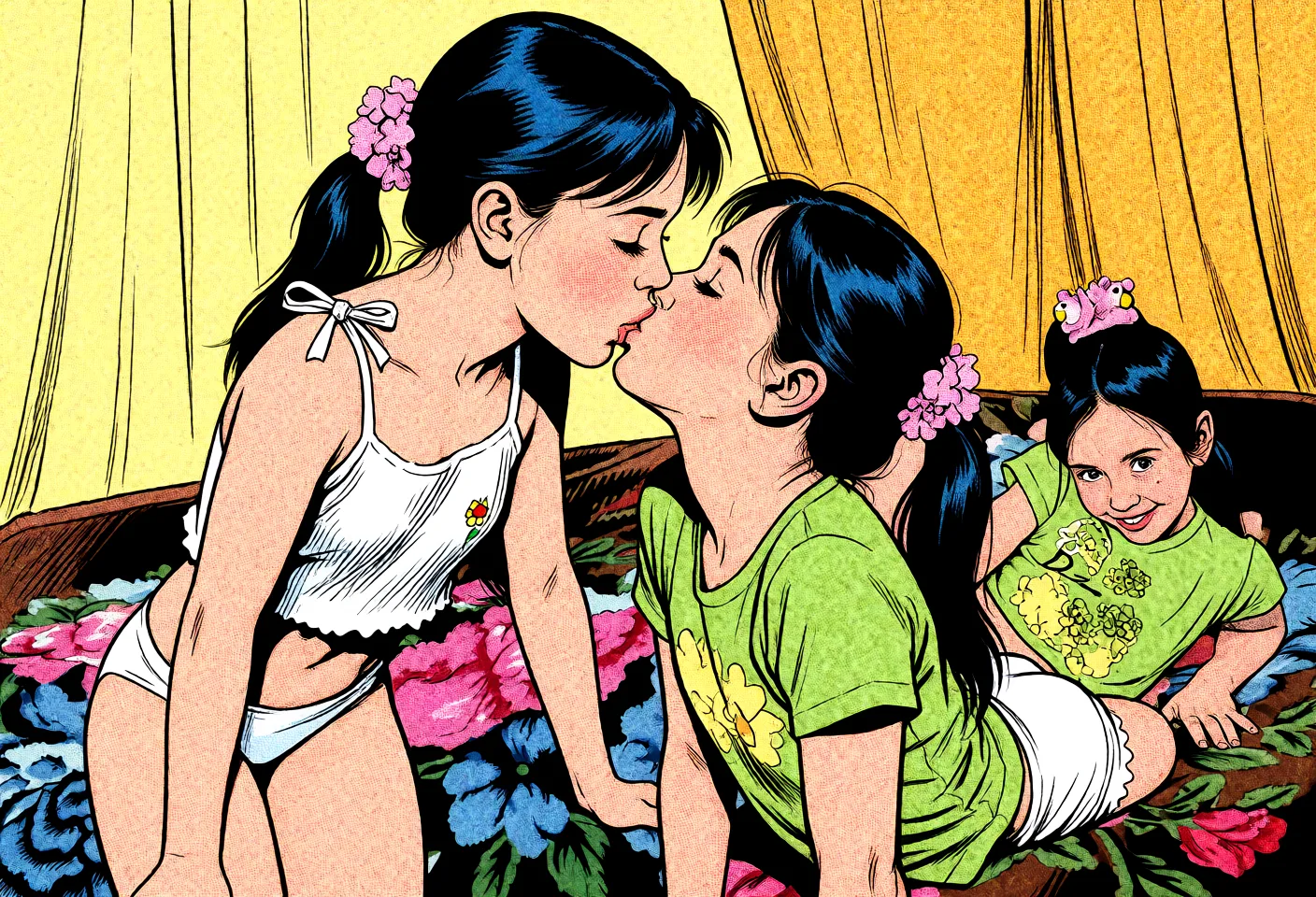 Redraw the entire picture as western comic-book art: heavy black inked outlines, hard-edged cel shading, limited high-contrast colour and visible halftone dot texture. The background is drawn in the same style. Nothing in the frame keeps its photographic appearance. Above all, the picture must show: french_kiss.
