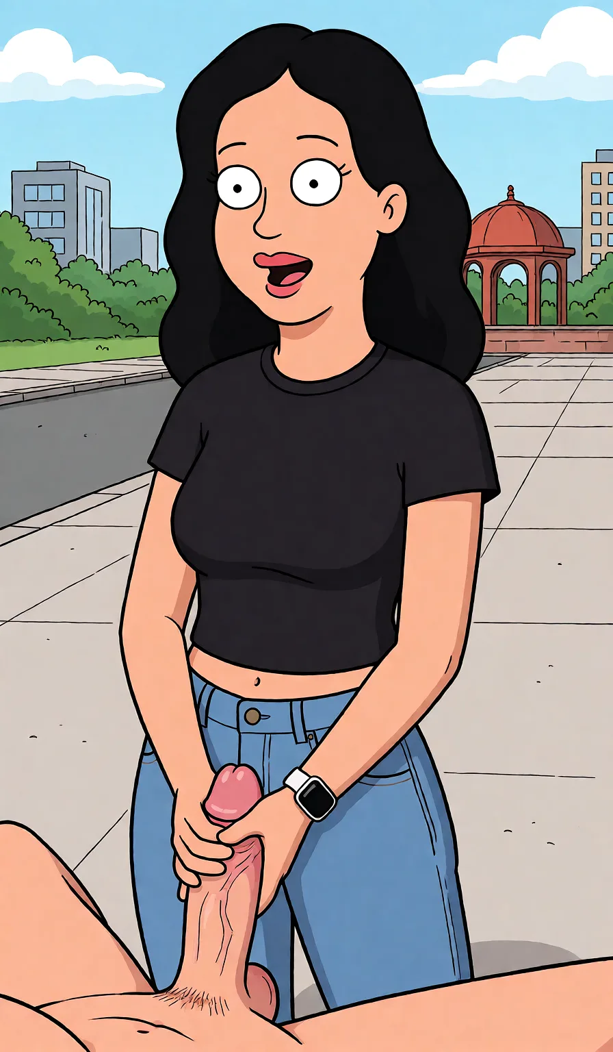 Redraw the entire picture as a western animated cartoon cel: thick even outlines, flat bright blocks of colour, simplified rounded shapes and hard-edged shadows, in the look of a television cartoon rather than of a camera. Keep the woman's adult proportions and adult figure exactly as they are; only the drawing style changes. The background is drawn in the same style. Nothing in the frame keeps its photographic appearance. Above all, the picture must show: Giving blowjob.