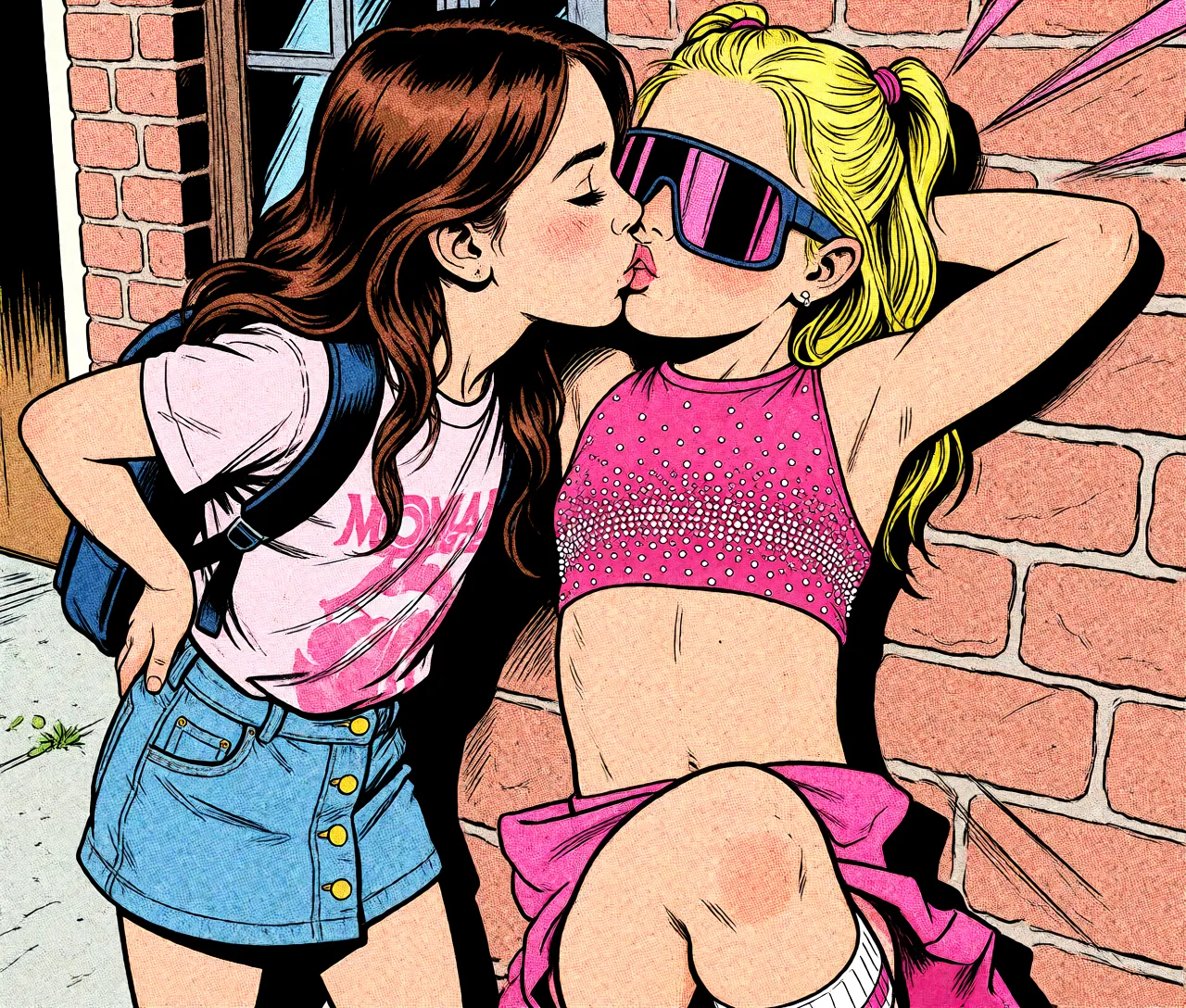 Redraw the entire picture as western comic-book art: heavy black inked outlines, hard-edged cel shading, limited high-contrast colour and visible halftone dot texture. The background is drawn in the same style. Nothing in the frame keeps its photographic appearance. Above all, the picture must show: french_kiss.