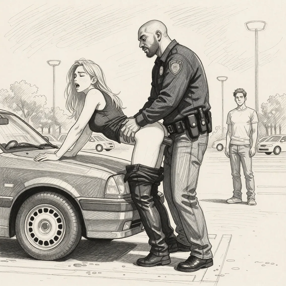 Redraw the entire picture as a hand-drawn graphite sketch on off-white paper: visible pencil strokes, cross-hatched shading, loose construction lines and no colour beyond the grey of the pencil and the tone of the paper. The background is drawn in the same style. Nothing in the frame keeps its photographic appearance. Above all, the picture must show: Pull the pants down on the police man.
And remove the green paint.