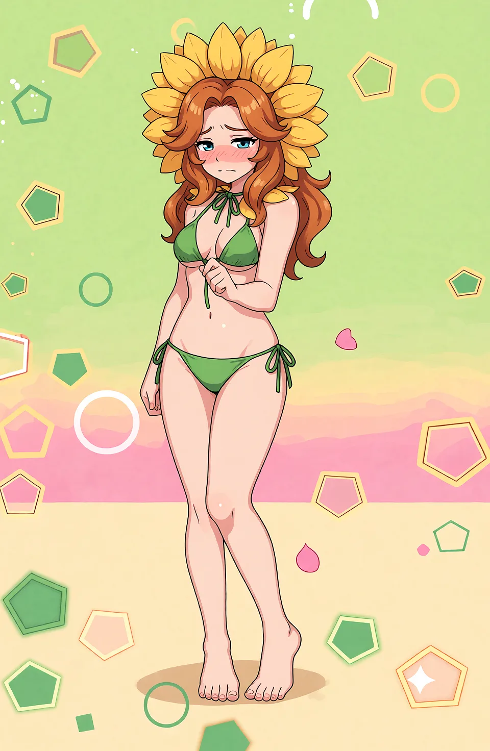 Redraw the entire picture as a hand-drawn anime illustration in flat cel-shaded anime style. It stays the same person with the same face, the same expression, the same hair and the same skin tone, and every other detail of the photograph is kept exactly as it is: nothing is added, removed, moved, uncovered or recoloured. Only the medium changes, and no part of the picture is left photographic. Above all, the picture must show: nude feet.
