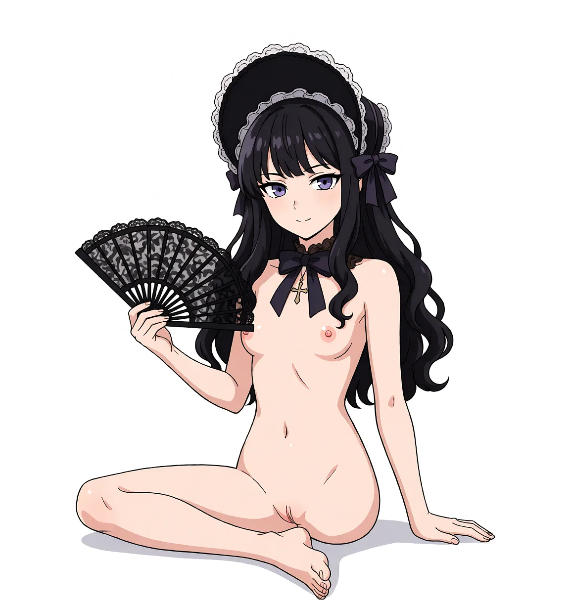 Redraw the entire picture as a hand-drawn anime illustration in flat cel-shaded anime style. It stays the same person with the same face, the same expression, the same hair and the same skin tone, and every other detail of the photograph is kept exactly as it is: nothing is added, removed, moved, uncovered or recoloured. Only the medium changes, and no part of the picture is left photographic. Above all, the picture must show: Nude breasts, nude pussy, small_breasts.