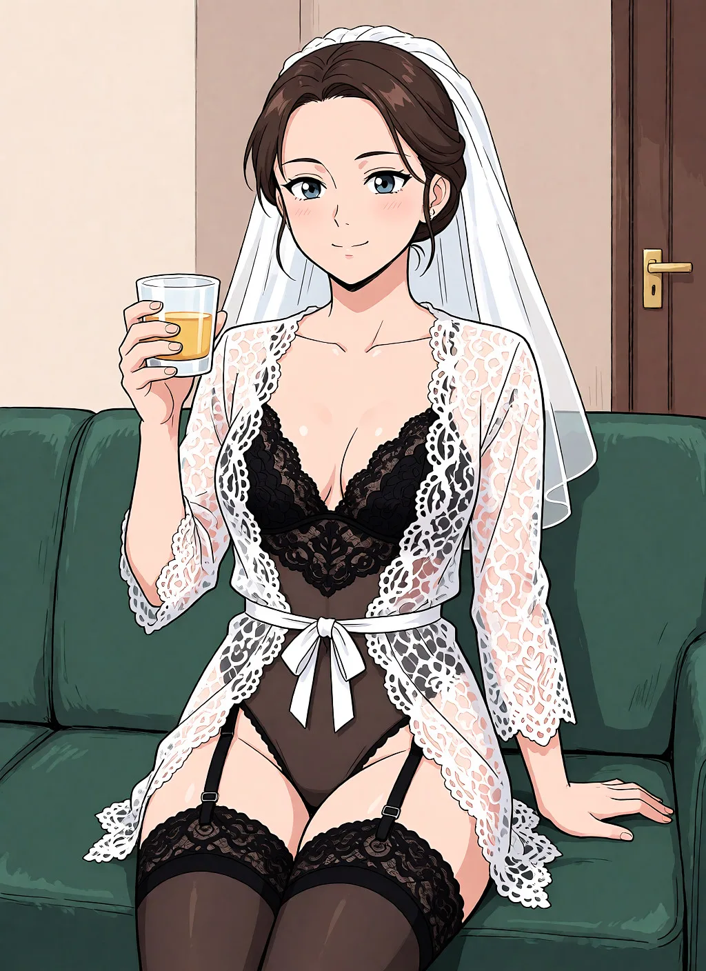 Redraw the entire picture as a hand-drawn anime illustration in flat cel-shaded anime style. It stays the same person with the same face, the same expression, the same hair and the same skin tone, and every other detail of the photograph is kept exactly as it is: nothing is added, removed, moved, uncovered or recoloured. Only the medium changes, and no part of the picture is left photographic. Above all, the picture must show: Девушка стоит в полный рост. Заменить белое платье на чёрный кружевной сексуальный прозрачный микро боди с высокой посадкой. Боди надет на голое тело. У боди высокая посадка. Боди высоко натянут. Так же на девушке надеты обтягивающие бёдра чулки с кружевным верхом и черные подтяжки. Убрать фату и бокал.