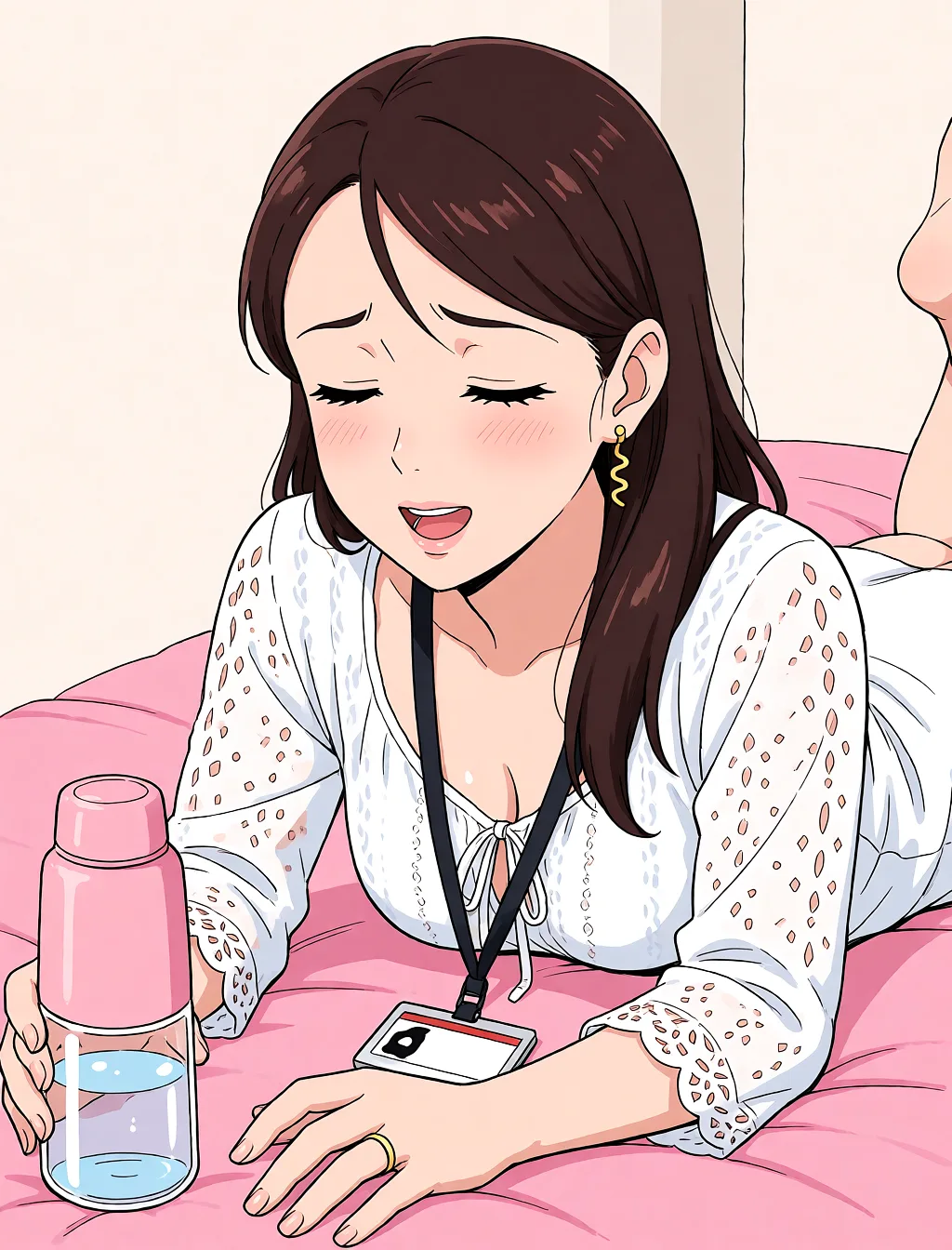 Redraw the entire picture as a hand-drawn anime illustration in flat cel-shaded anime style. It stays the same person with the same face, the same expression, the same hair and the same skin tone, and every other detail of the photograph is kept exactly as it is: nothing is added, removed, moved, uncovered or recoloured. Only the medium changes, and no part of the picture is left photographic. Above all, the picture must show: nightdress, lying, pleasure face.