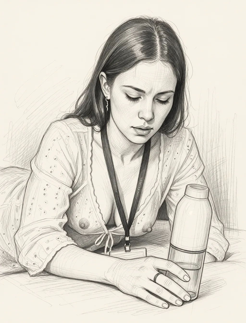 Redraw the entire picture as a hand-drawn graphite sketch on off-white paper: visible pencil strokes, cross-hatched shading, loose construction lines and no colour beyond the grey of the pencil and the tone of the paper. The background is drawn in the same style. Nothing in the frame keeps its photographic appearance. Above all, the picture must show: transparent nightdress small nipples, pleasure face, lying.