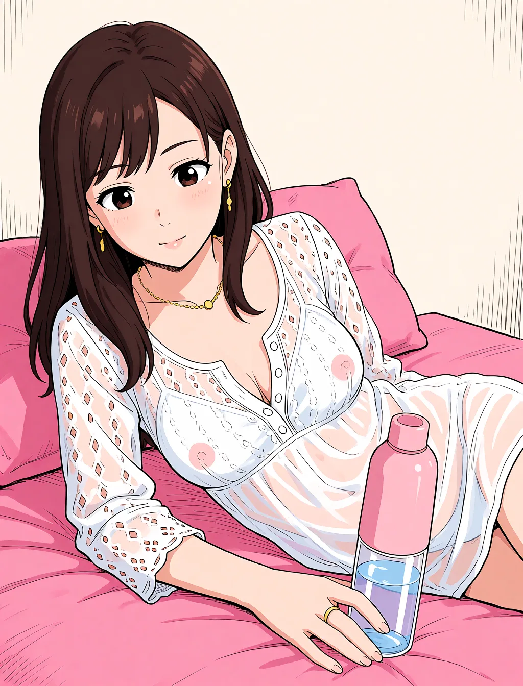 Redraw the entire picture as a hand-drawn anime illustration in flat cel-shaded anime style. It stays the same person with the same face, the same expression, the same hair and the same skin tone, and every other detail of the photograph is kept exactly as it is: nothing is added, removed, moved, uncovered or recoloured. Only the medium changes, and no part of the picture is left photographic. Above all, the picture must show: small_breasts, transparent nightdress, lying, no necklace.