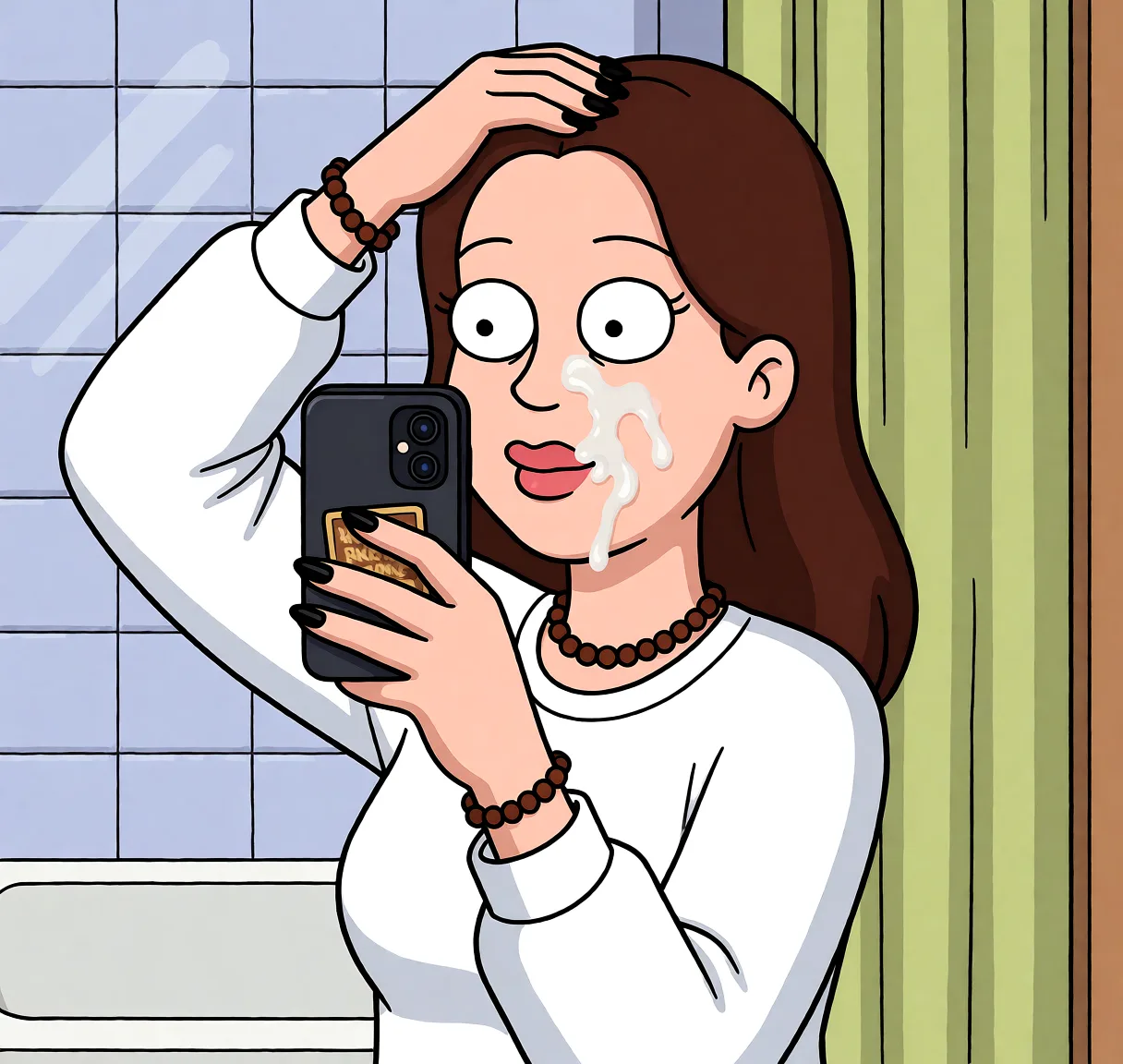 Redraw the entire picture as a western animated cartoon cel: thick even outlines, flat bright blocks of colour, simplified rounded shapes and hard-edged shadows, in the look of a television cartoon rather than of a camera. Keep the woman's adult proportions and adult figure exactly as they are; only the drawing style changes. The background is drawn in the same style. Nothing in the frame keeps its photographic appearance. Above all, the picture must show: Semen on the face.