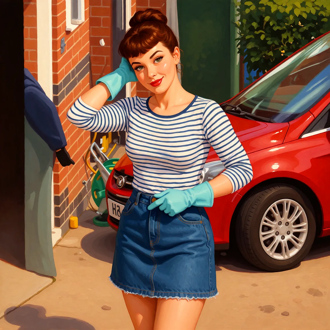 Redraw the entire picture as a retro pin-up illustration: smooth airbrushed gouache paint, warm saturated mid-century colour, clean confident outlines and glamorous stylised features, in the look of a 1950s pin-up poster. The background is painted in the same style. Nothing in the frame keeps its photographic appearance. Above all, the picture must show: skirt round waist in house.