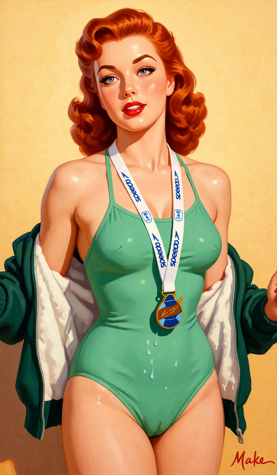 Redraw the entire picture as a retro pin-up illustration: smooth airbrushed gouache paint, warm saturated mid-century colour, clean confident outlines and glamorous stylised features, in the look of a 1950s pin-up poster. The background is painted in the same style. Nothing in the frame keeps its photographic appearance. Above all, the picture must show: Make her undressing.