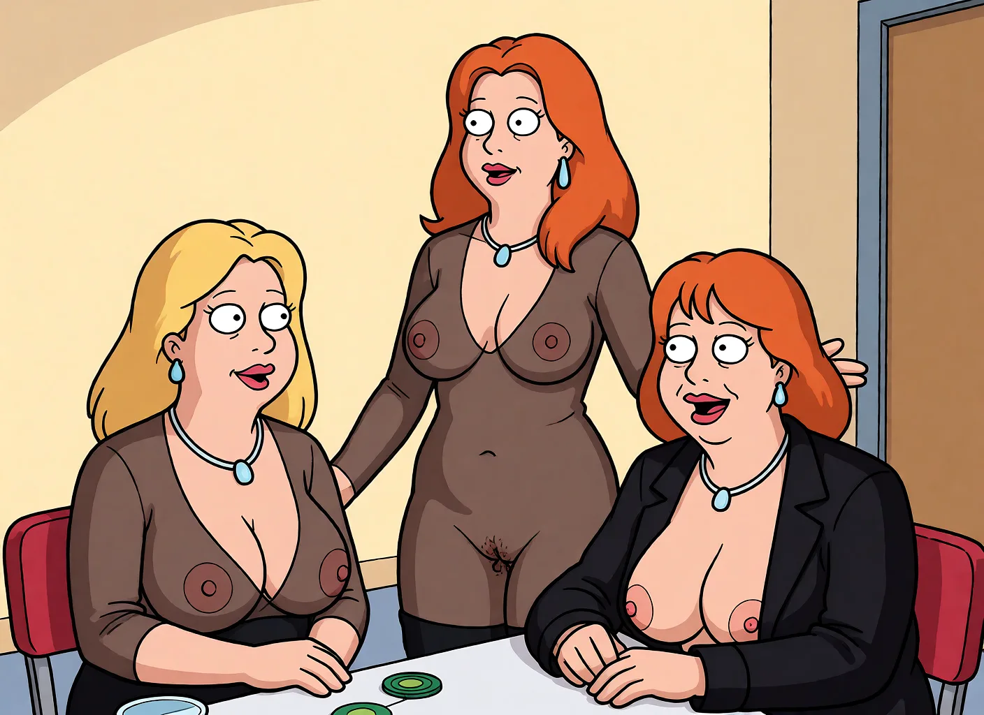 Redraw the entire picture as a western animated cartoon cel: thick even outlines, flat bright blocks of colour, simplified rounded shapes and hard-edged shadows, in the look of a television cartoon rather than of a camera. Keep the woman's adult proportions and adult figure exactly as they are; only the drawing style changes. The background is drawn in the same style. Nothing in the frame keeps its photographic appearance. Above all, the picture must show: want them all to suck me.