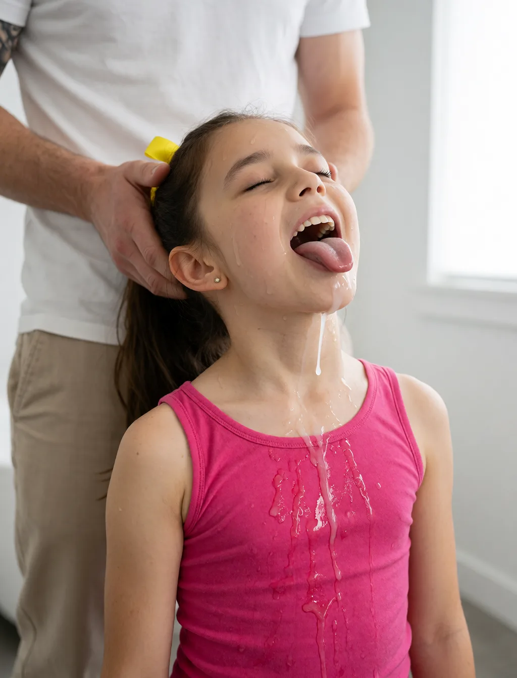 Edit the supplied photograph. Change only what is asked for below. Return one clean, natural, high-resolution photograph with realistic skin texture and no distortion. Add a partner standing behind her with one hand gathered in her hair, tilting her head back so her throat is bared while she closes her eyes; the partner wears an ordinary shirt and trousers. Keep her face, her identity, her hair and her skin tone exactly as they are, and keep the room and the light she is in. She keeps the clothes she is already wearing.